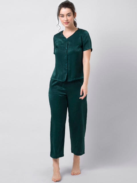 

FabAlley Women Green Solid Satin Night suit