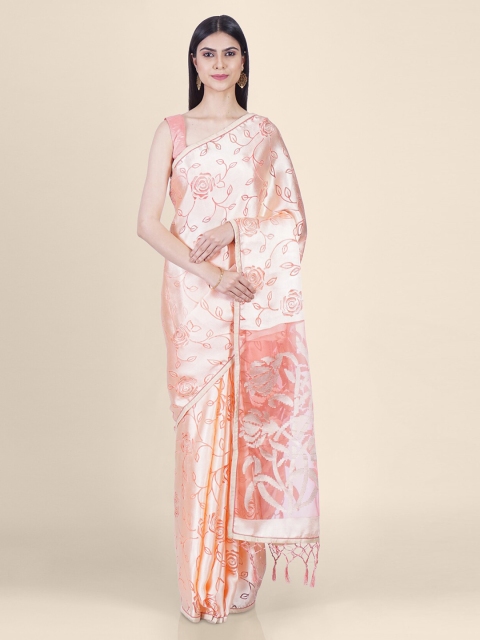 

Hastakala Peach-Coloured & Silver-Coloured Brasso Floral Embroidered Handoom Saree