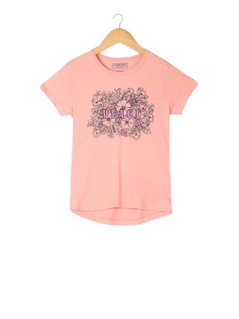 

Cherokee Girls Peach-Coloured Printed Round Neck T-shirt