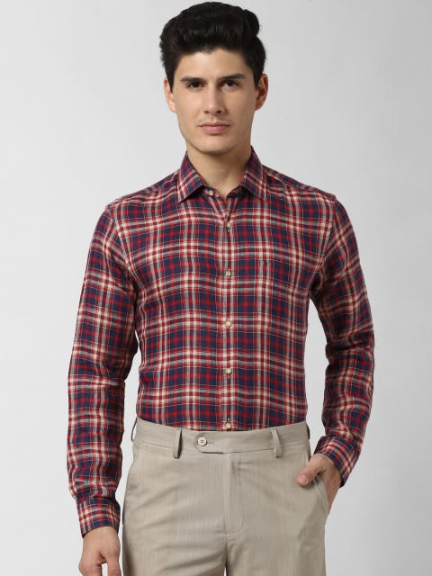 

Peter England Elite Men Maroon & Blue Regular Fit Checked Pure Linen Formal Shirt