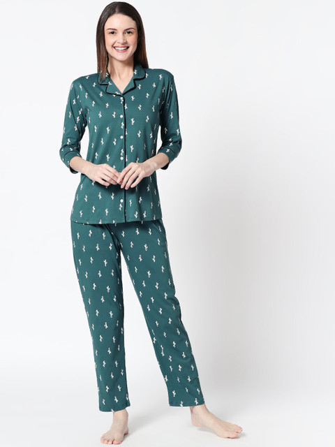 

Zeyo Women Green & White Printed Night suit