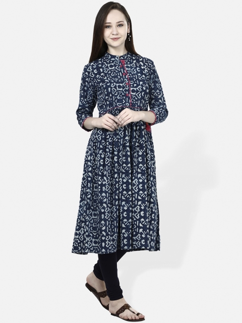 

Molcha Women Blue & White Hand Block Print A-Line Kurta
