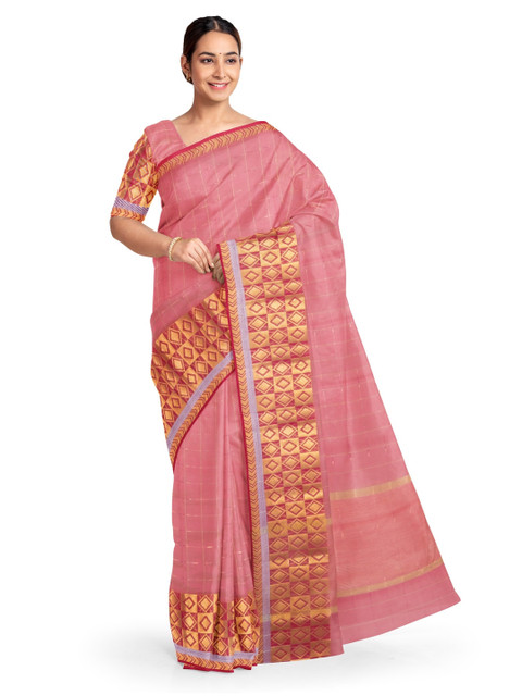 

KLM Fashion Mall Pink Checked Silk Blend Saree