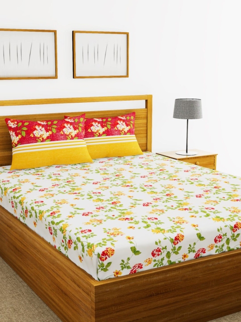 

BIANCA White & Orange Floral 210 TC Cotton 1 King Bedsheet with 2 Pillow Covers
