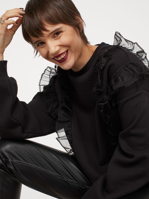 

H&M Women Black Flounced Sweatshirt