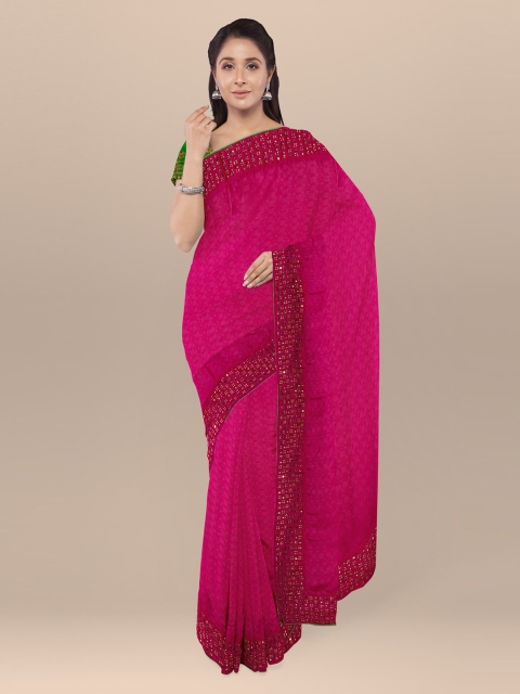 

KLM Fashion Mall Pink & Green Poly Georgette Embellished Saree