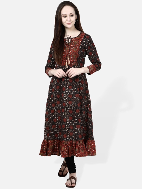 

Molcha Women Black & Red Block Print Anarkali Kurta