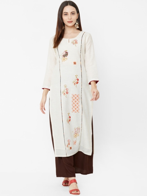 

Os Women Cream-Coloured Embroidered Straight Kurta