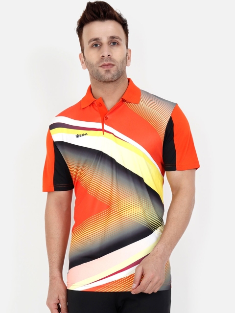 

VEGA Men Orange Striped Mandarin Collar T-shirt
