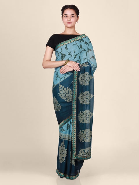 

CLAI WORLD Blue & Gold-Toned Poly Georgette Woven Design Saree