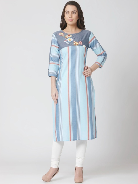 

Os Women Blue Striped Straight Kurta