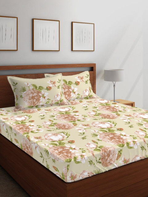 

Layers Green & Beige Floral 104 TC Cotton 1 Queen Bedsheet with 2 Pillow Covers