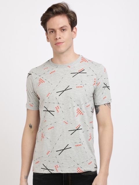 

IVOC Men Grey Melange Printed Round Neck T-shirt