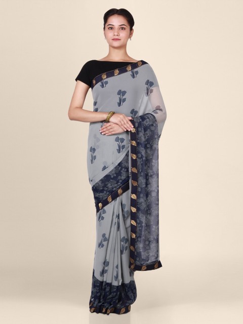 

CLAI WORLD Grey & Navy Blue Poly Georgette Printed Saree