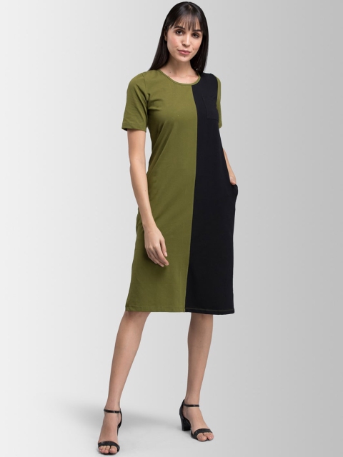 

FableStreet Women Green & Grey Colourblocked Sheath Dress