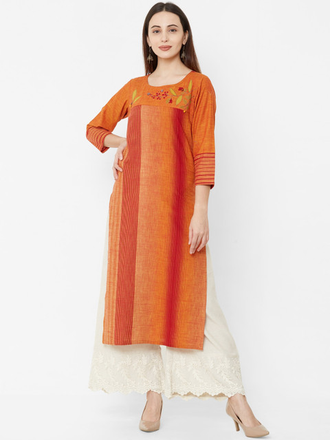 

Os Women Orange & Red Striped Straight Kurta