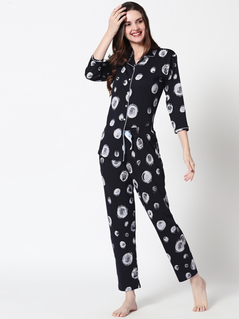 

Zeyo Women Navy Blue & White Printed Night suit