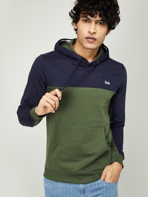 

UCLA Men Olive Green & Navy Blue Colourblocked Hooded Sweatshirt