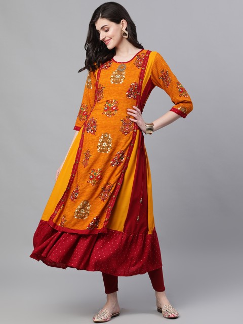 

Ishin Women Orange & Maroon Woven Design Anarkali Kurta