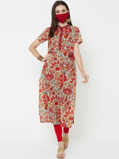

FASHOR Women Red Floral Printed Straight Kurta