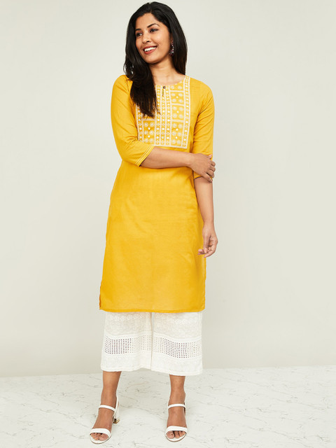 

Melange by Lifestyle Women Yellow & Off-White Yoke Design Straight Kurta