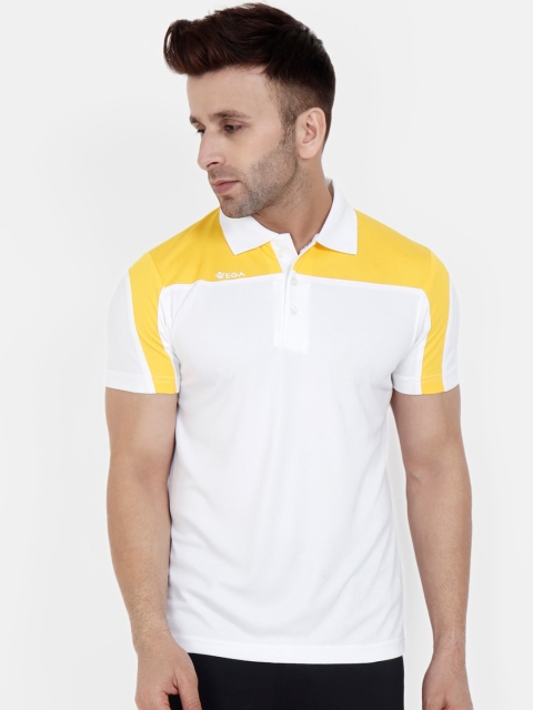 

VEGA Men White & Yellow Colourblocked Polo Collar T-shirt