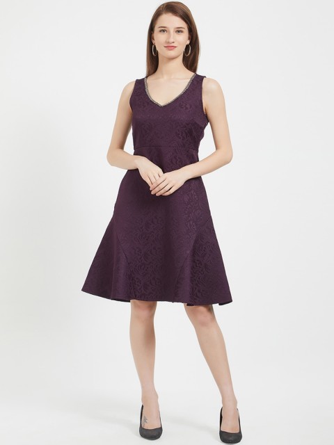 

109F Women Purple Self Design Fit and Flare Dress