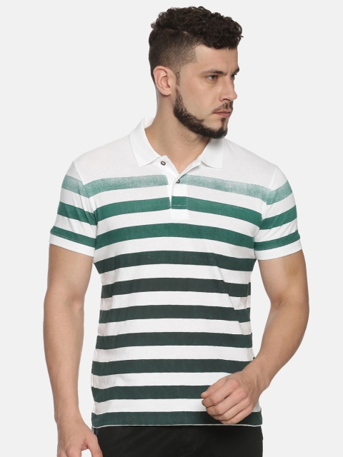 

Steenbok Men White Green Striped Polo Collar Pure Cotton T-shirt