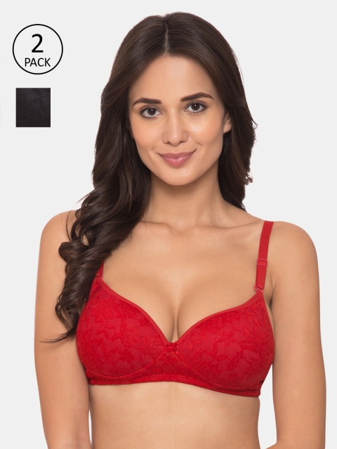 

KOMLI Pack Of 2 Red & Black Solid Non-Wired Heavily Padded T-shirt Bra