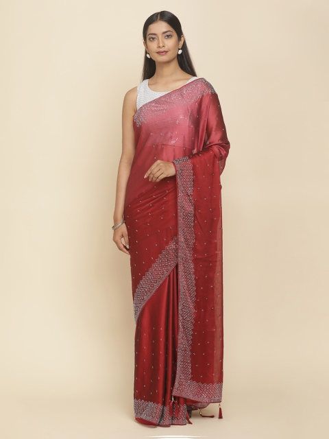 

Koskii Maroon & Silver-Toned Satin Embellished Saree