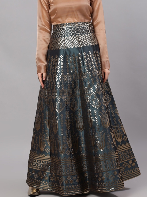 

AKS Couture Women Teal Green & Gold Woven Design Flared Maxi Skirt