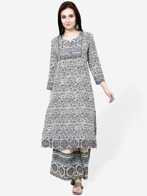 

Molcha Women Off-White & Blue Block Printed A-Line Kurta