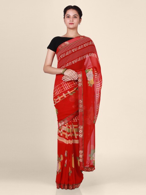 

CLAI WORLD Red Printed Poly Georgette Saree