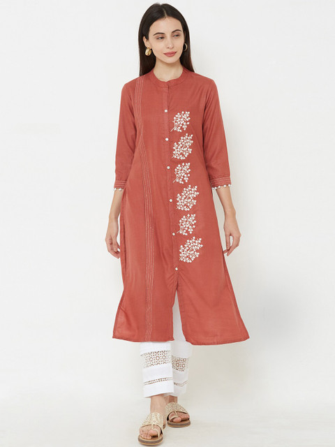 

FASHOR Women Rust Brown Embroidered Straight Kurta