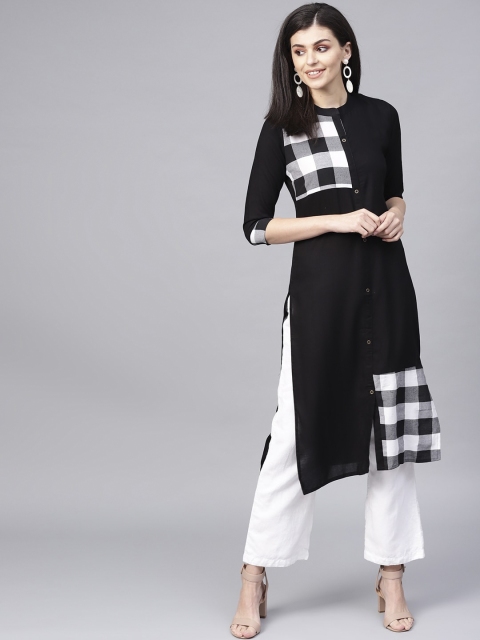 

KSUT Women Black & White Checked A-Line Kurta