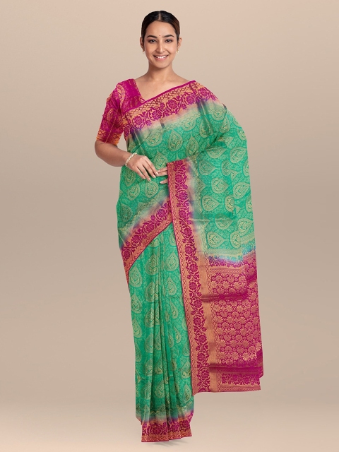 KLM Fashion Mall Green & Pink Silk Blend Woven Design Saree