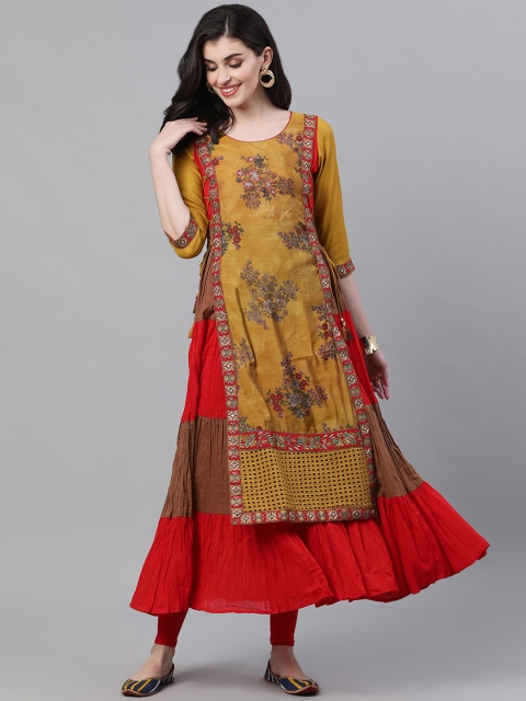

Ishin Women Mustard Yellow & Red Printed Anarkali Kurta