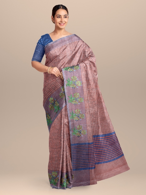

KLM Fashion Mall Peach-Coloured & Blue Organza Woven Design Saree