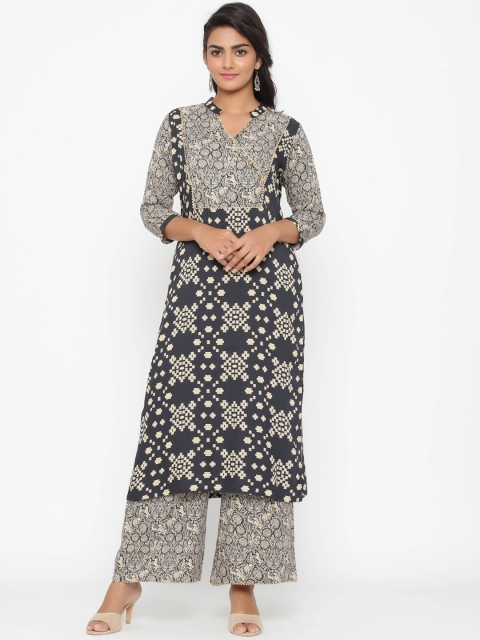 

WomenMagic Women Black & Cream-Coloured Printed Kurta with Palazzos