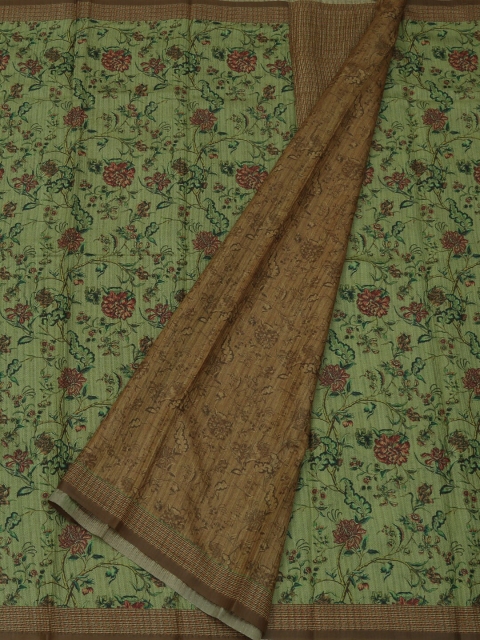 Pothys Green & Brown Jute Silk Printed Saree
