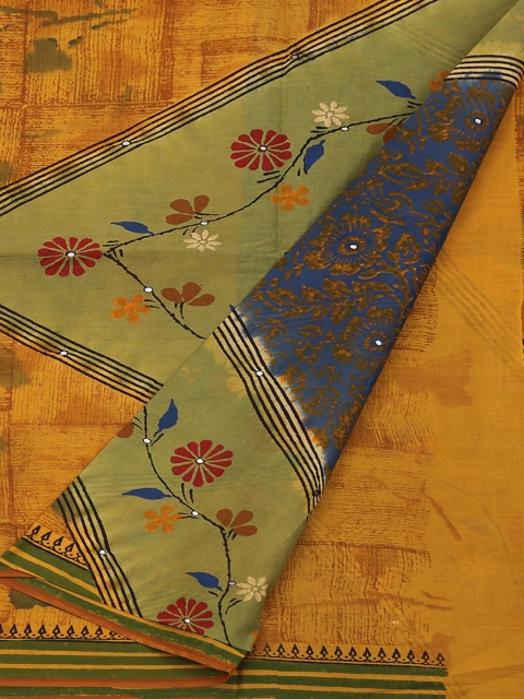 

Pothys Mustard Yellow & Blue Pure Cotton Printed Saree