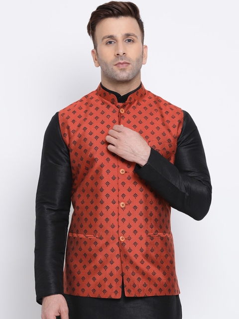 

NAMASKAR Men Maroon Woven Design Nehru Jacket