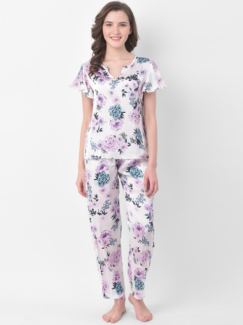 

Clovia Women White Floral Printed Night Suit