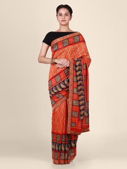 

CLAI WORLD Orange & Blue Poly Georgette Printed Saree
