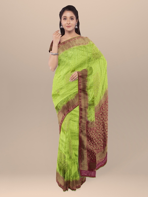 

KLM Fashion Mall Lime Green & Brown Silk Blend Printed Saree