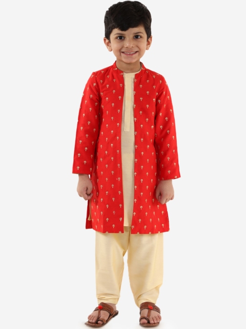 

Lil Peacock Boys Red & Beige Embellished Sherwani Set With Jacket
