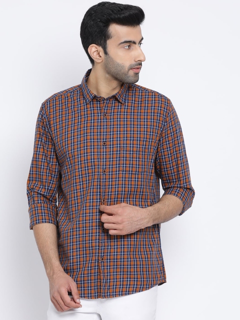 

Richlook Men Orange & Navy Blue Slim Fit Checked Casual Shirt