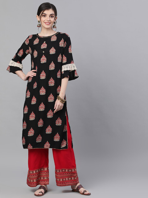 

Ishin Women Black & Red Printed Kurta with Palazzos