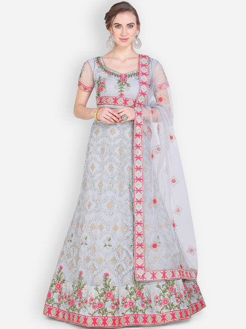 

Mitera Women Grey & Pink Zari Semi-Stitched Lehenga & Unstitched Blouse with Dupatta