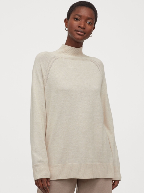 

H&M Women Beige Ribbed Longline Turtleneck Jumper